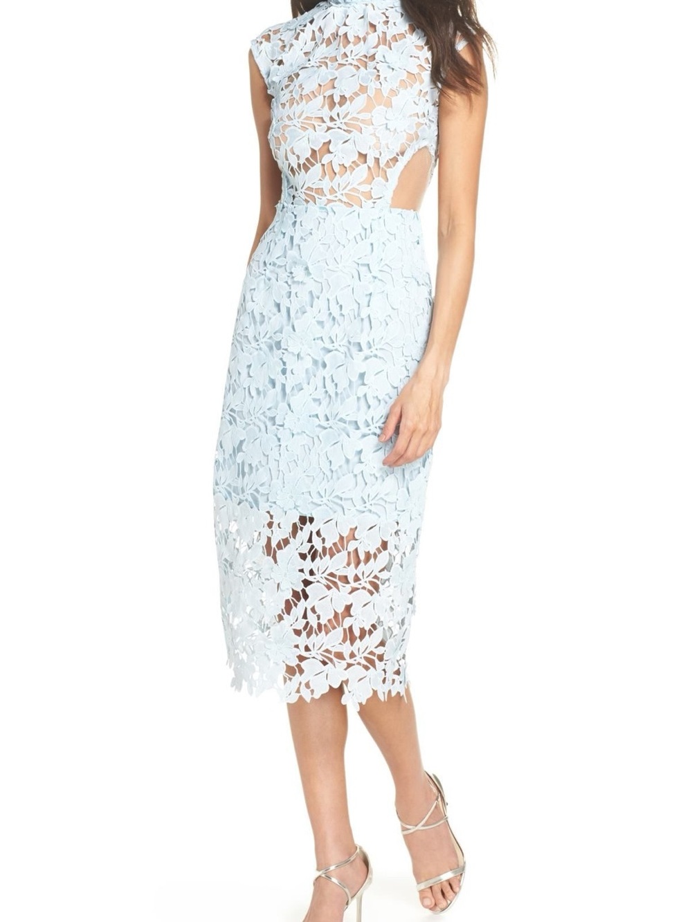 Bronx and Banco Pale Blue Floral Lace Midi Dress NWT